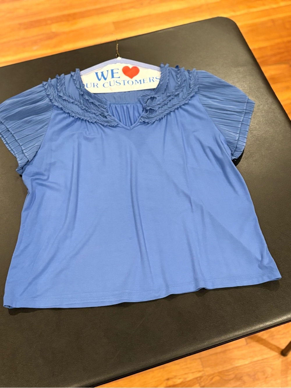 Chico's Blue Short Sleeve Pleated Ruffle Neck Top size 2 (large)